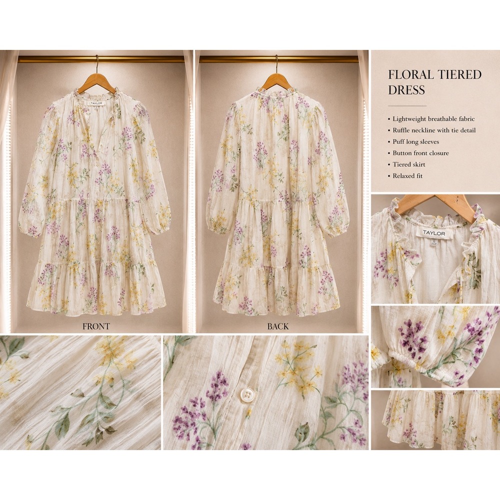 Taylor Floral Tiered Mini Dress Ivory Purple Yellow Ruffle Neck Puff Sleeve L
